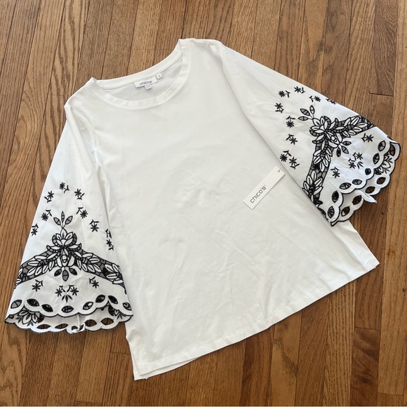 Chico’s Mixed Media Top Embroidered Eyelet Sleeve Alabaster Size Chico’s 1=Us M - Picture 2 of 8